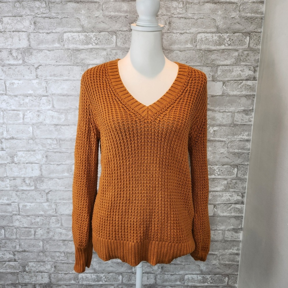 J.Crew Sweater V-neck Rust Orange Chunky Cotton‎ Knit Casual Size M